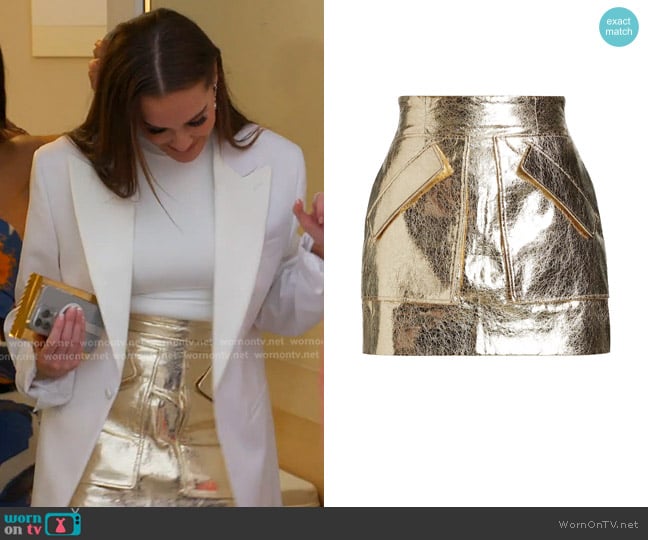 Aknvas Cherry Faux-Leather Miniskirt in Champagne worn by Meredith Marks on The Real Housewives of Salt Lake City
