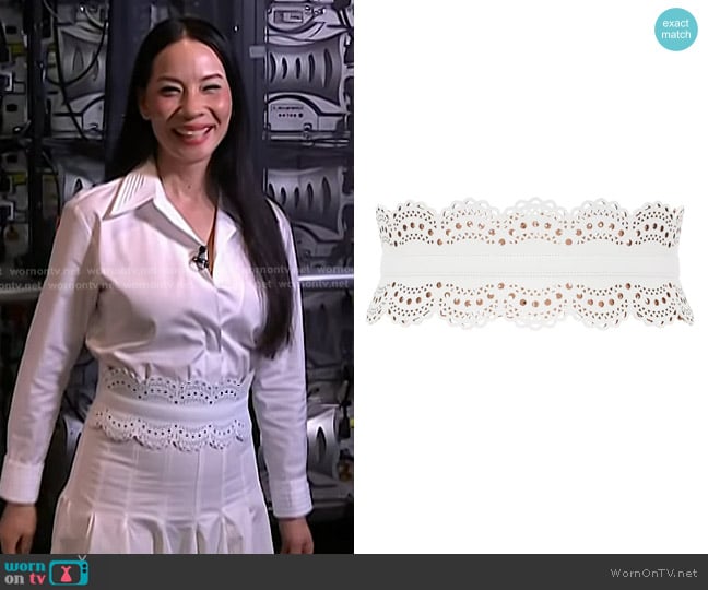 Lucy Liu’s white scalloped leather wide belt on Today