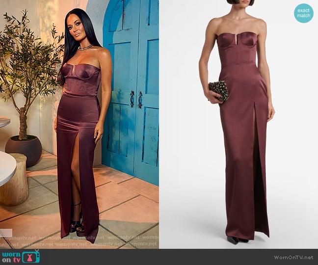 Alex Perry Crêpe Satin Bustier Gown in Plum worn by Lisa Barlow on The Real Housewives of Salt Lake City
