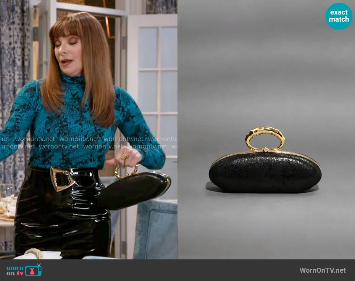 Alexis Bittar Molten Gold Bullet Minaudière worn by Pamela Curtis (Cady McClain) on Beyond the Gates