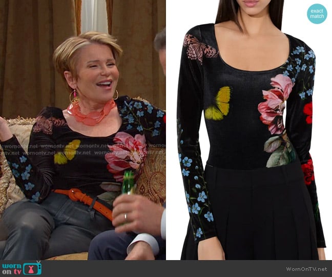Bonnie’s black floral scoop neck top on Days of our Lives