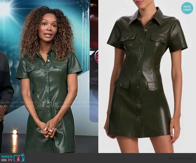 Alice + Olivia Jamie Faux Leather Mini Shirtdress worn by Zuri Hall on Access Hollywood