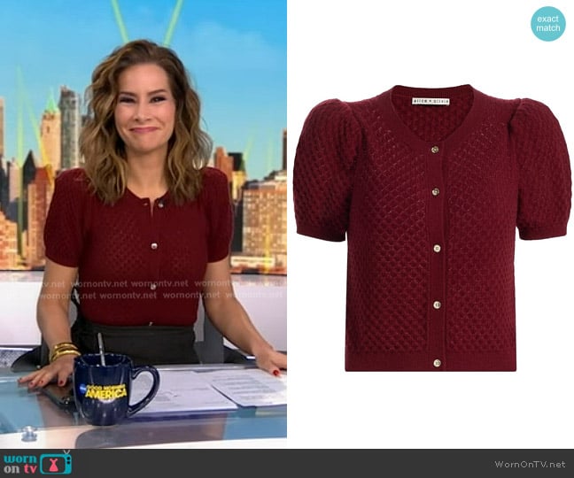 Alice + Olivia Sabine Cashmere Blend Cardigan in Oxblood worn by Rebecca Jarvis on Good Morning America