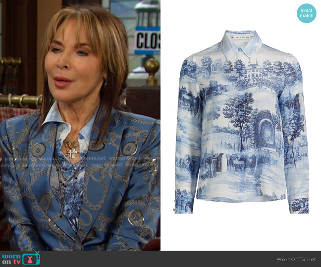 Alice + Olivia Willa Placket Printed Silk Top worn by Kate Roberts (Lauren Koslow) on Days of our Lives