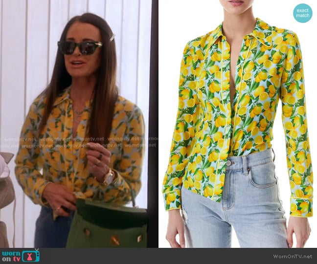 Alice + Olivia Willa Silk Button-Up Shirt worn by Kyle Richards on The Real Housewives of Beverly Hills