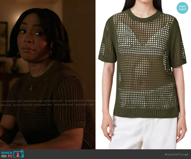All Saints Paloma Open Stitch Short Sleeve Sweater in Moss Green worn by Athena Grant (Angela Bassett) on 9-1-1