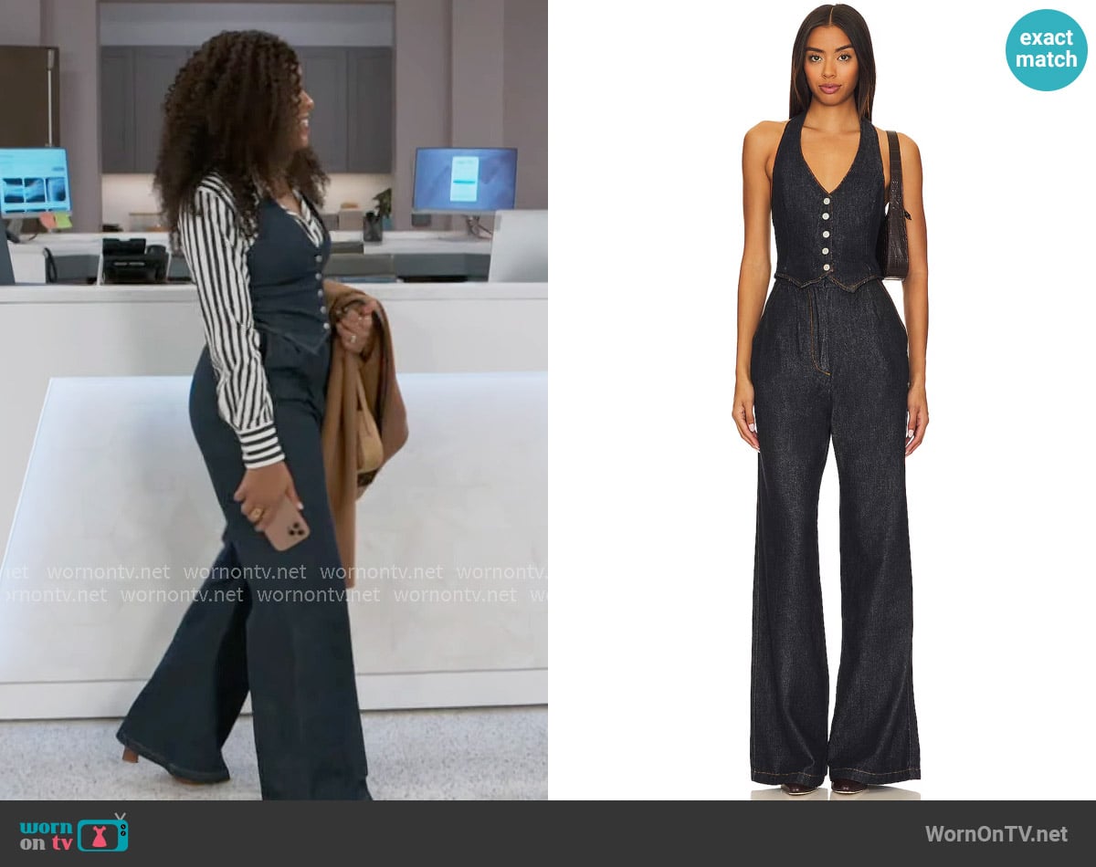 Amanda Uprichard Isadore Denim Jumpsuit worn by Naomi Hamilton Hawthorne (Arielle Prepetit) on Beyond the Gates