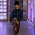 Amber Ruffin's metallic floral pants on The Kelly Clarkson Show