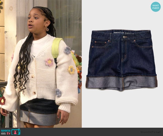 American Eagle Denim Glitter Mini Skirt worn by Maya Upshaw (Journey Christine) on The Upshaws