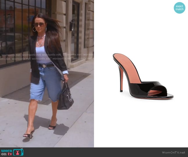 Amina Muaddi Elodie Patent Leather Mules worn by Kyle Richards on The Real Housewives of Beverly Hills