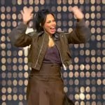 Amirah Vann Oyeku’s satin bomber jacket and skirt on Tamron Hall Show