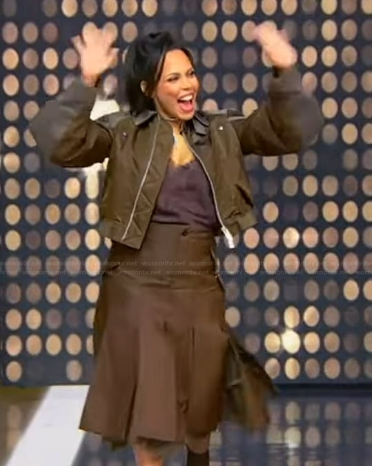 Amirah Vann Oyeku’s satin bomber jacket and skirt on Tamron Hall Show