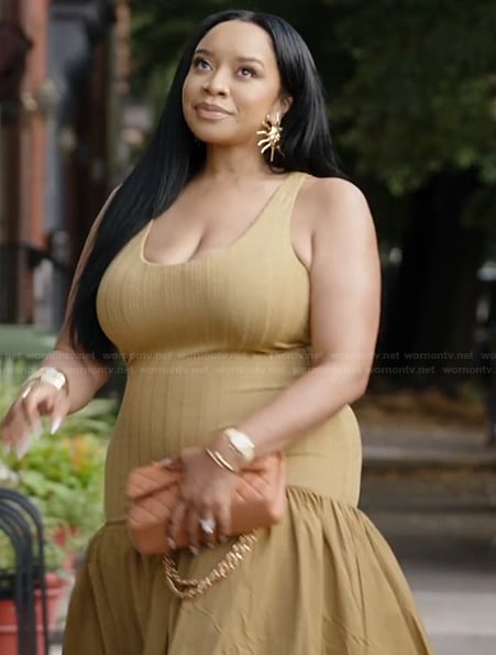 Angel's khaki ribbed mixed media dress on The Real Housewives of Potomac