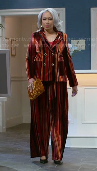 Anita’s striped velvet suit on Beyond the Gates