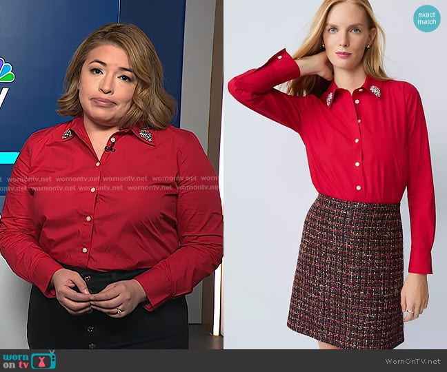 Ann Taylor Embellished Relaxed Perfect Shirt in Jewel Red worn by Gilma Avalos on NBC News Daily