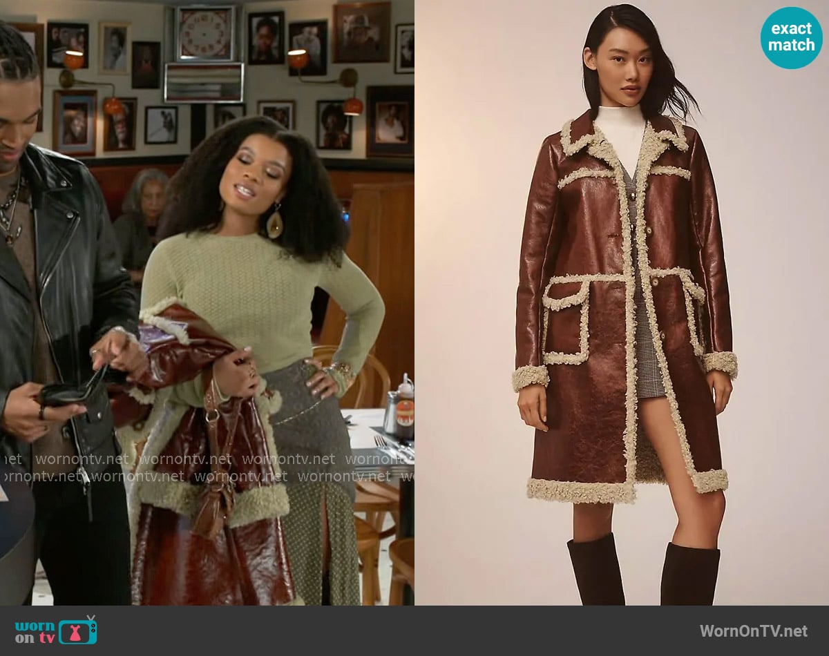 Anna Sui Sherpa-Trim Faux-Leather Coat worn by Eva Thomas (Ambyr Michelle) on Beyond the Gates