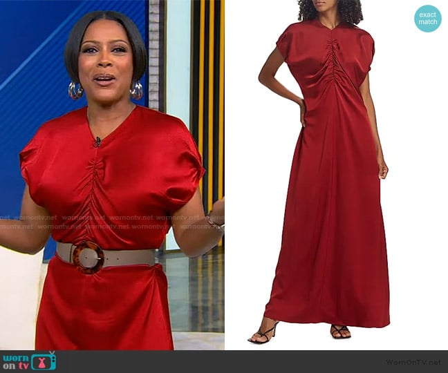 Tamron’s red ruched dress on Tamron Hall Show Tamron’s red ruched dress on Tamron Hall Show