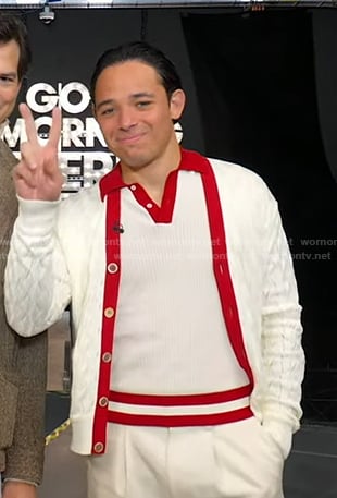 Anthony Ramos’s white contrast collar polo and cardigan on Good Morning America