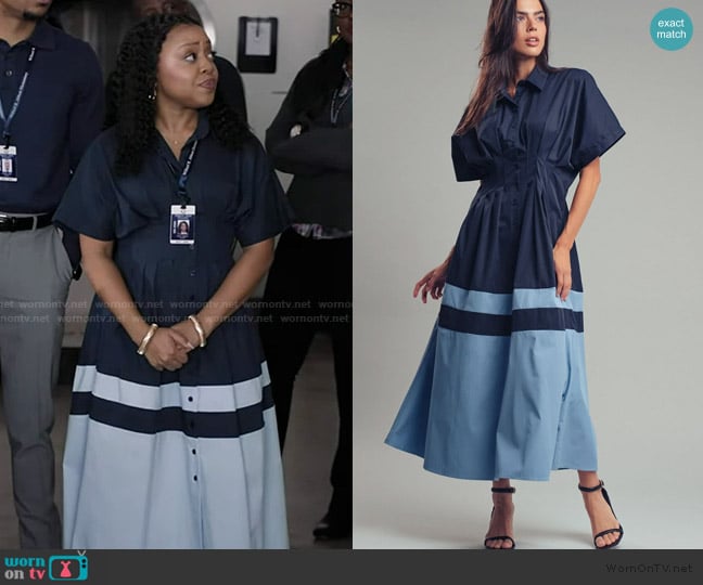 Anthropologie Exquise Tobie Button-Front Pleated Midi Shirt Dress worn by Janine Teagues (Quinta Brunson) on Abbott Elementary