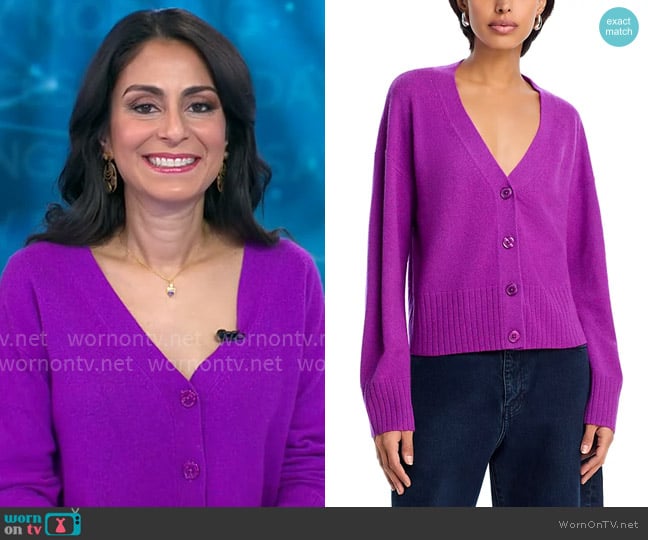 Aqua 100% Cashmere V Neck Cardigan in Purple Twist worn by Dr. Celine Gounder on CBS Mornings
