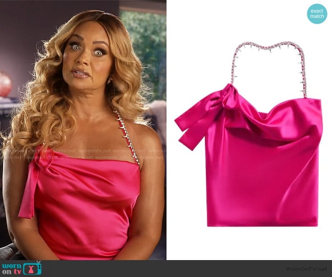 Area Crystal-embellished satin halterneck top worn by Gizelle Bryant on The Real Housewives of Potomac