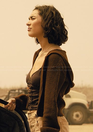 Ariana's brown knit top and cardigan on Landman