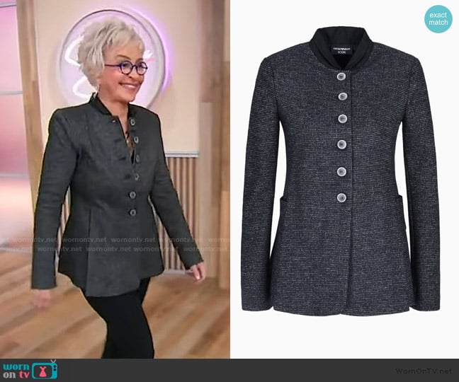 Armani Icon houndstooth cloth single-breasted jacket worn by Annie Potts on Sherri