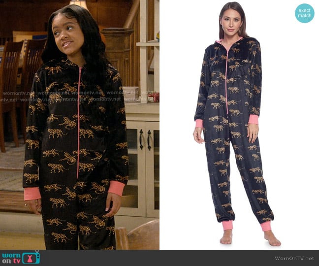 Ashford & Brooks Fleece Hooded One Piece Pajama Jumpsuit in Leopard Black worn by Aaliyah Upshaw (Khali Spraggins) on The Upshaws