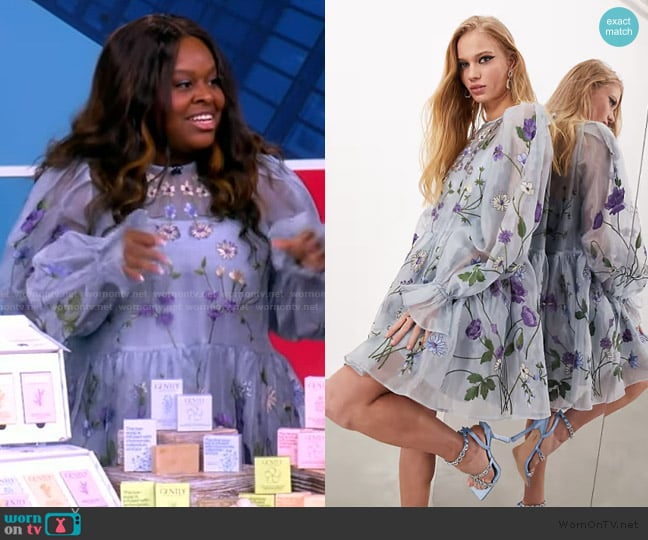 ASOS Mini smock dress in organza with embroidered meadow floral in blue worn by Kristen Dunning on The View