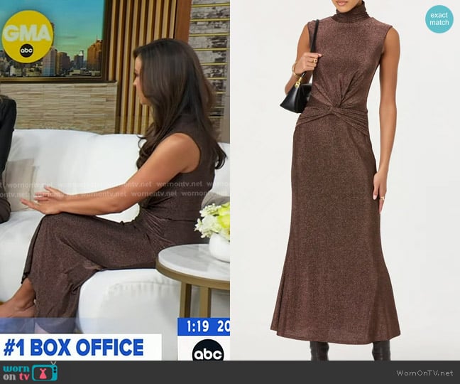 Hanna Battah’s brown metallic turtleneck dress on GMA Hanna Battah’s brown metallic turtleneck dress on GMA