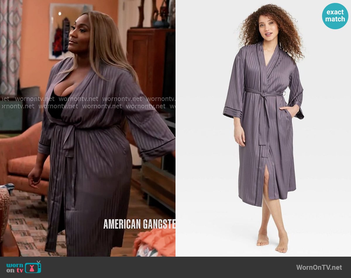 Auden at Target Shadow Striped Long Satin Robe in Deep Purple worn by Daniella King (Mignon) on Tyler Perrys Sistas