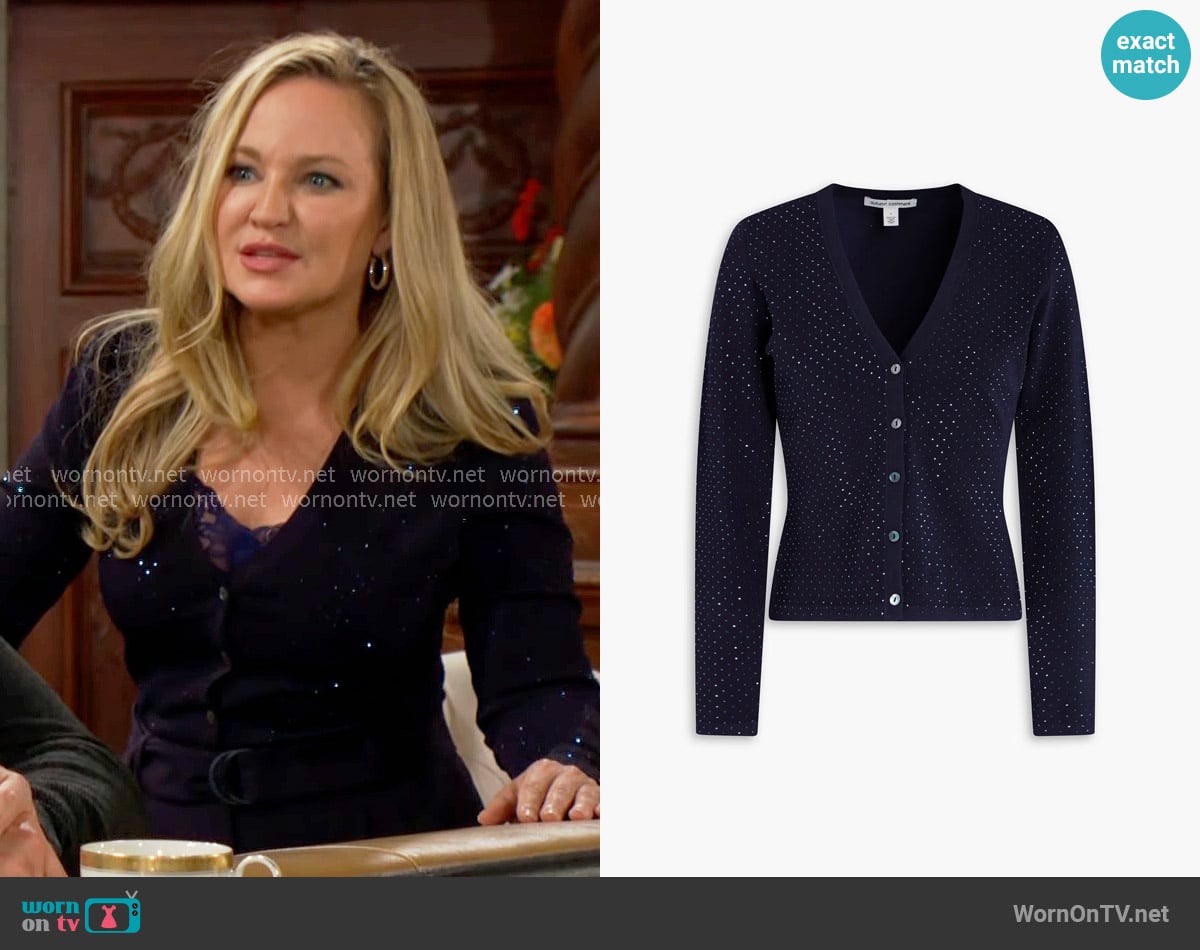 Autumn Cashmere Crystal-embellished knitted cardigan worn by Sharon Newman (Sharon Case) on The Young and the Restless