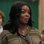 Ava’s green geometric print top on Abbott Elementary