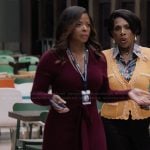 Ava’s burgundy tie front wrap dress on Abbott Elementary