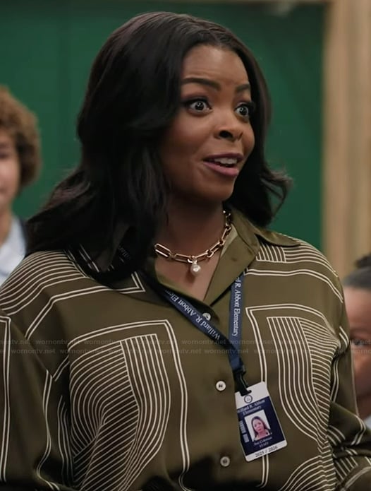 Ava's green geometric print top on Abbott Elementary