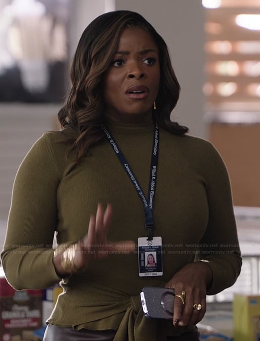 Ava's green tie front top on Abbott Elementary