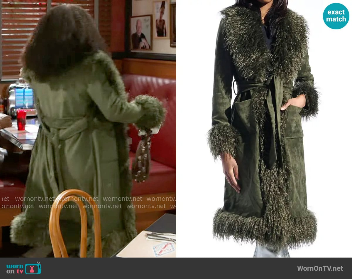 Azalea Wang Belted Faux Suede Coat with Faux Fur Trim worn by Eva Thomas (Ambyr Michelle) on Beyond the Gates