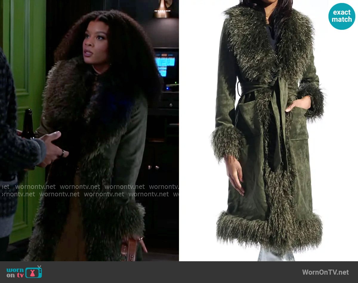 Azalea Wang Belted Faux Suede Coat with Faux Fur Trim worn by Eva Thomas (Ambyr Michelle) on Beyond the Gates