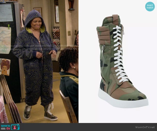 Azalea Wang Camo Lace-Up Super Hi-Top Sneakers worn by Regina Upshaw (Kim Fields) on The Upshaws