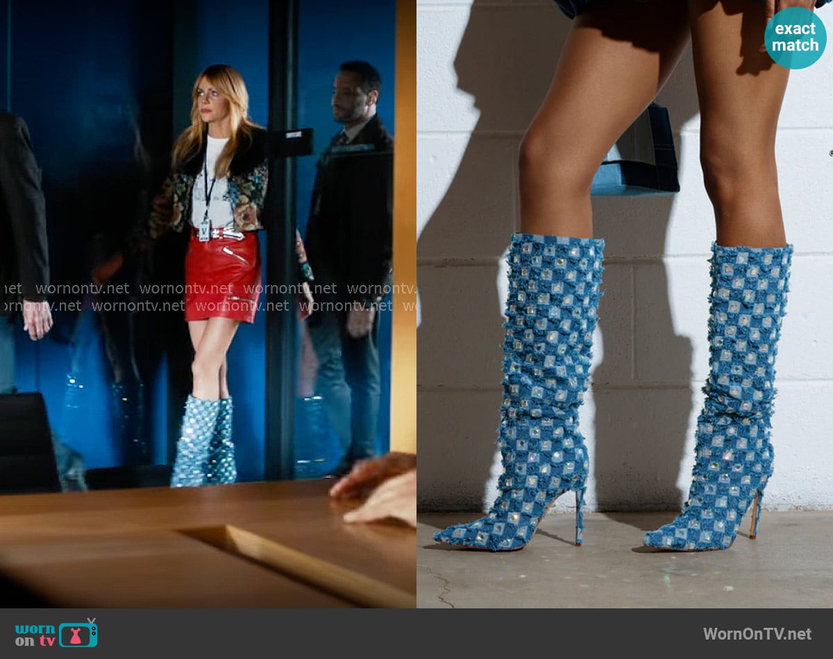 Azalea Wang Eve Denim Knee High Embellished Boot worn by Morgan Gillory (Kaitlin Olson) on High Potential