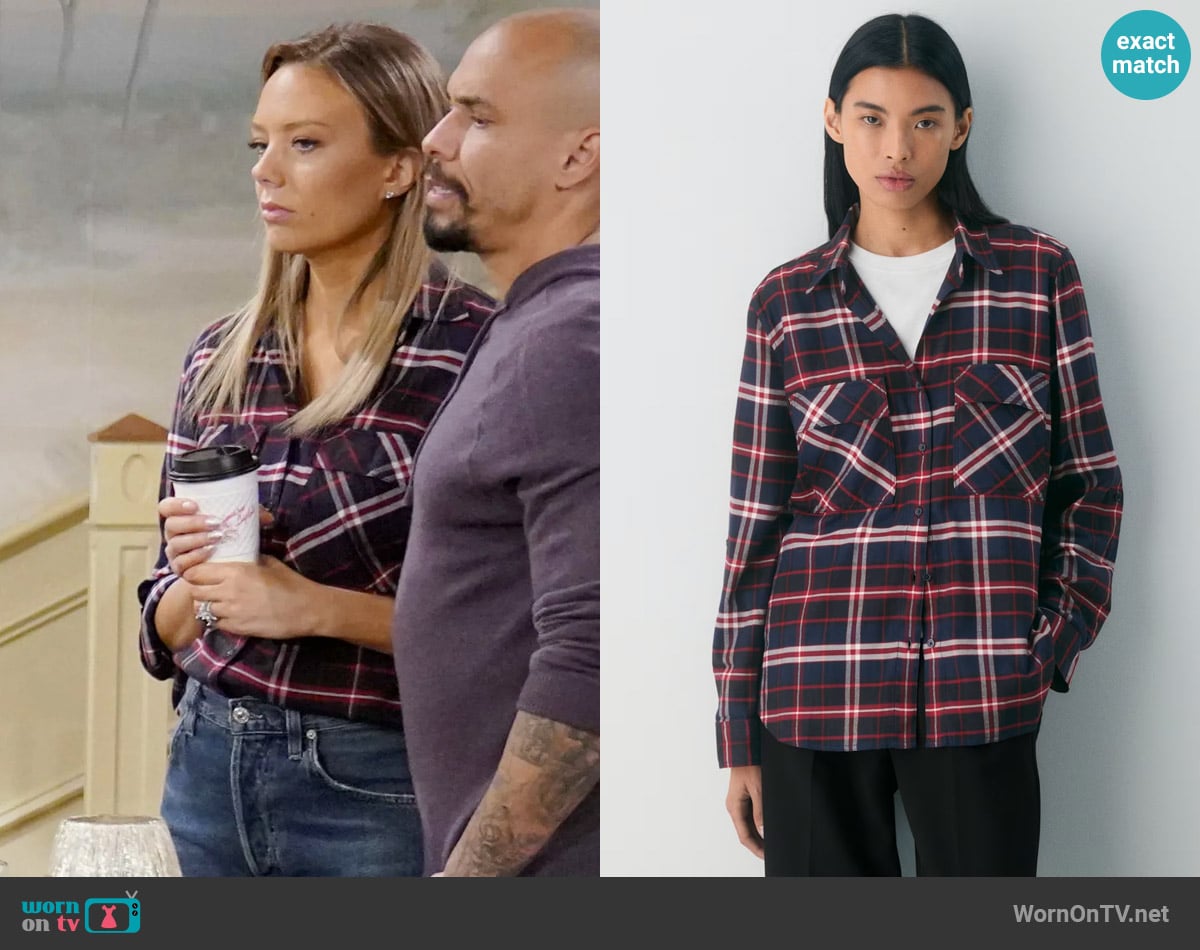 Babaton at Aritzia Utility Shirt in Hstn Chk Adml/D R Rd worn by Abby Newman (Melissa Ordway) on The Young and the Restless