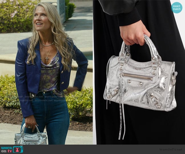 Balenciaga Le City Mini metallic leather shoulder bag worn by Angela Norris (Ali Larter) on Landman