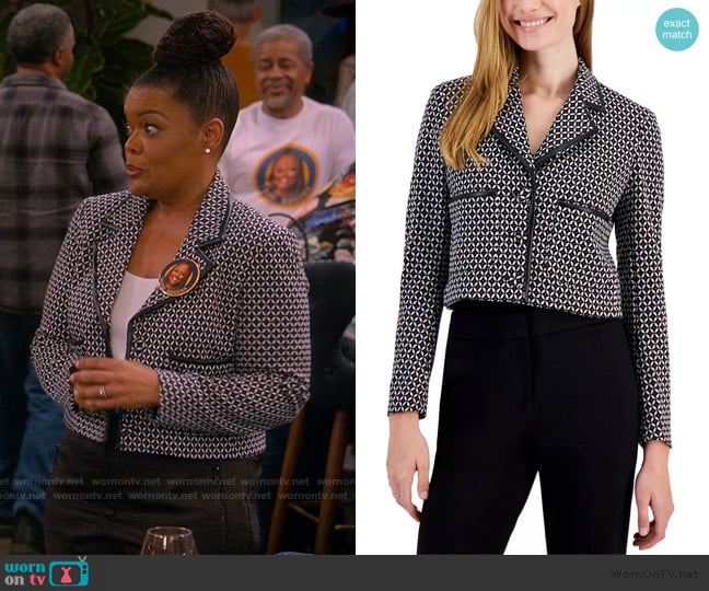 Bar III Faux-Leather-Trimmed Cropped Jacket worn by Regina Upshaw (Kim Fields) on The Upshaws