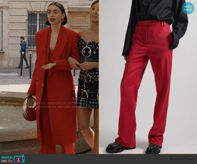 Barbara Bui Red wool gabardine high-waisted suit trousers worn by Emily Cooper (Lily Collins) on Emily in Paris