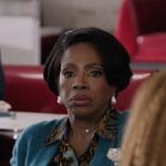 Barbara’s satin feather print blouse on Abbott Elementary