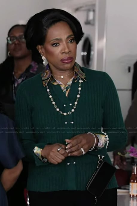 Barbara's green pearl button cardigan on Abbott Elementary