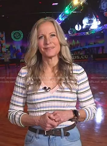 Becky Worley’s striped v-neck sweater on Good Morning America