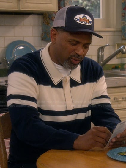 Bennie's navy stripe rugby sweater on The Upshaws