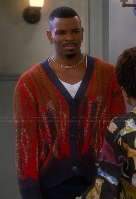 Bernard's abstract print cardigan on The Upshaws
