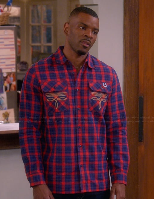 Bernard’s blue plaid western shirt on The Upshaws